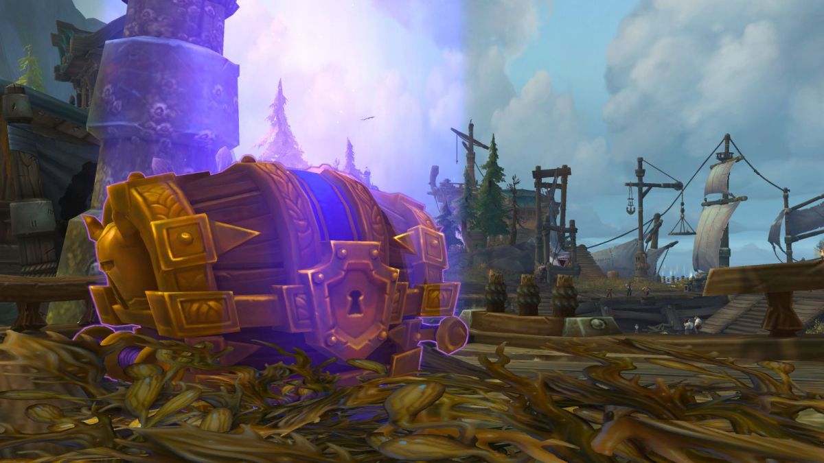 Treasure chest in World of Warcraft Plunderstorm mode with ships behind it.