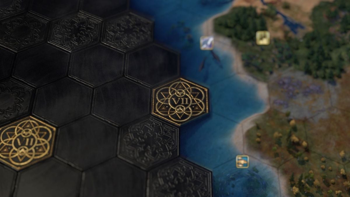 Civilization 7 tiles on a map with a river running down it and forest nearby.