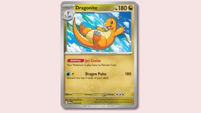Dragonite Pokémon card on a pink background.
