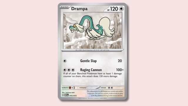 Drampa Pokémon card on a pink background.
