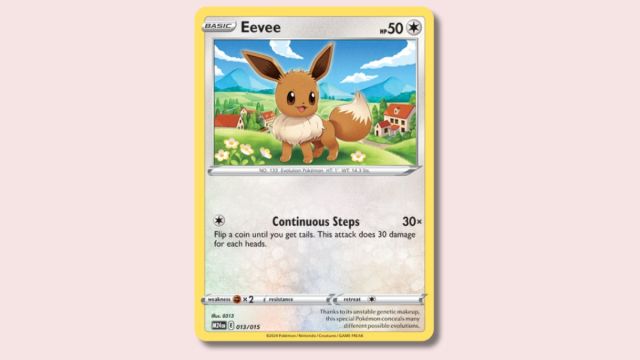 Eevee Pokémon card on a pink background.