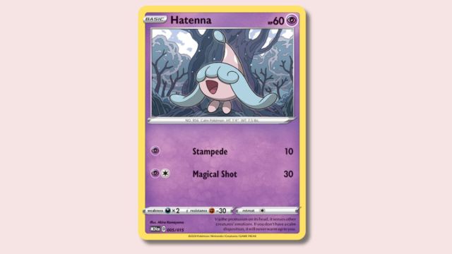 Hatenna Pokémon card on a pink background.