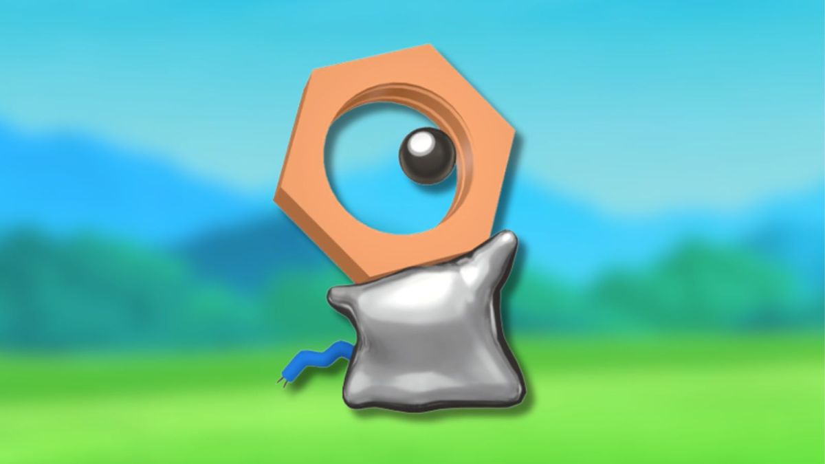 Shiny Meltan Pokémon with blurred anime background.