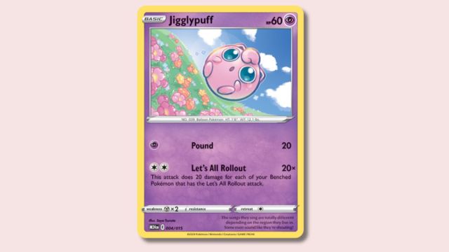 Jigglypuff Pokémon card on a pink background.
