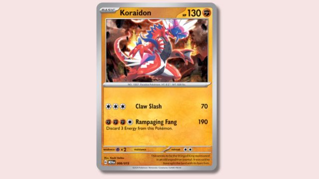 Koraidon Pokémon card on a pink background.