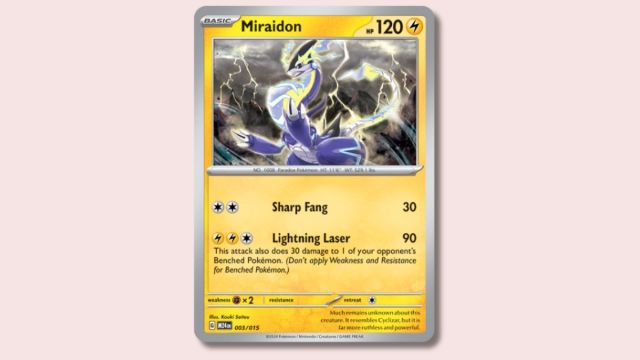 Miraidon Pokémon card on a pink background.