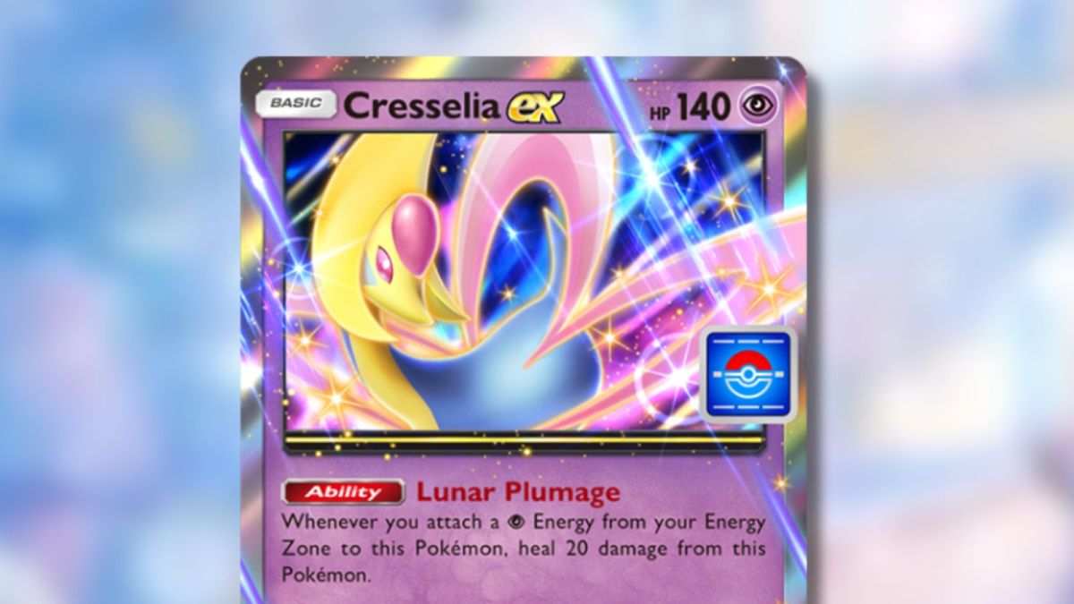 Cresselia ex Pokémon TCG Pocket card on a blurred abstract background.