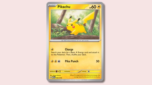 Pikachu Pokémon card on a pink background.
