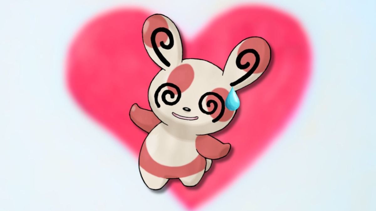 Spinda Pokémon with a sweat drop in front of a blurred heart background.