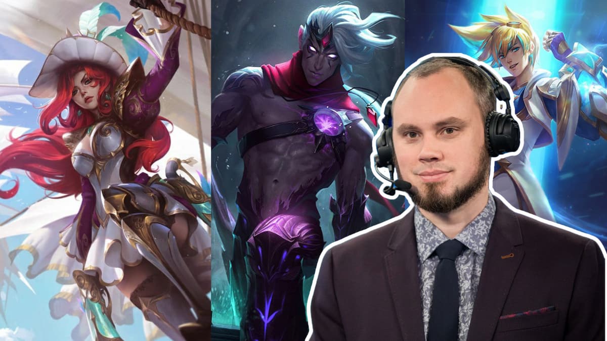 Picture showing Riot Phreak standing in front of ADC champions in League of Legends.