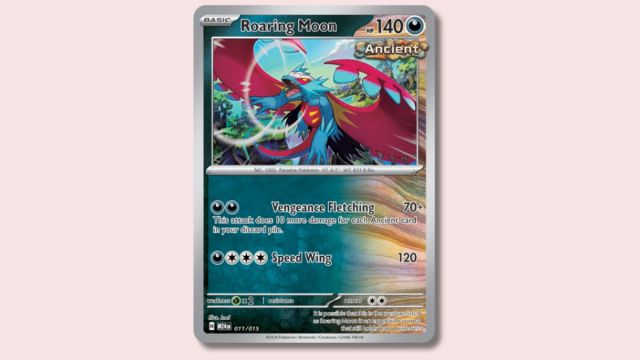 Rayquaza Pokémon card on a pink background.