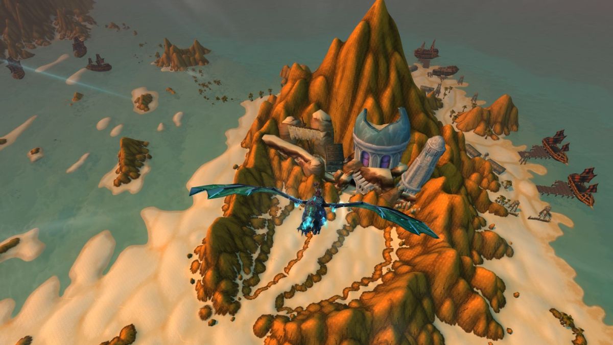 Player flying over the top of the Caverns of Time in World of Warcraft.